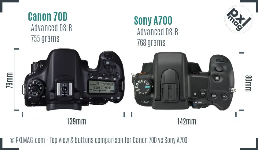Canon 70D vs Sony A700 top view buttons comparison