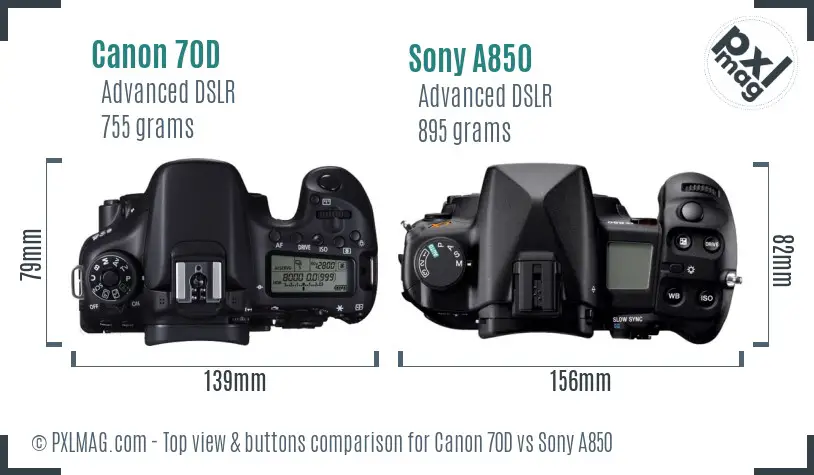 Canon 70D vs Sony A850 top view buttons comparison