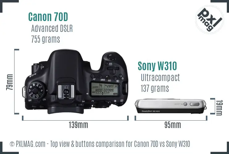 Canon 70D vs Sony W310 top view buttons comparison