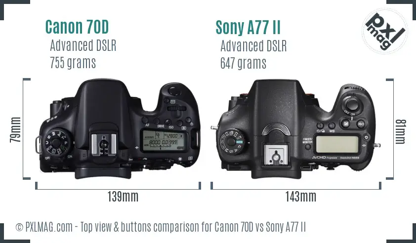 Canon 70D vs Sony A77 II top view buttons comparison