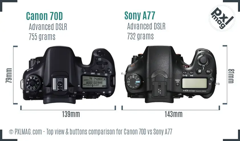 Canon 70D vs Sony A77 top view buttons comparison