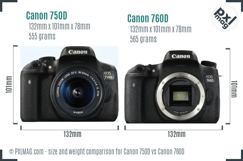 Canon 750D vs Canon 760D size comparison