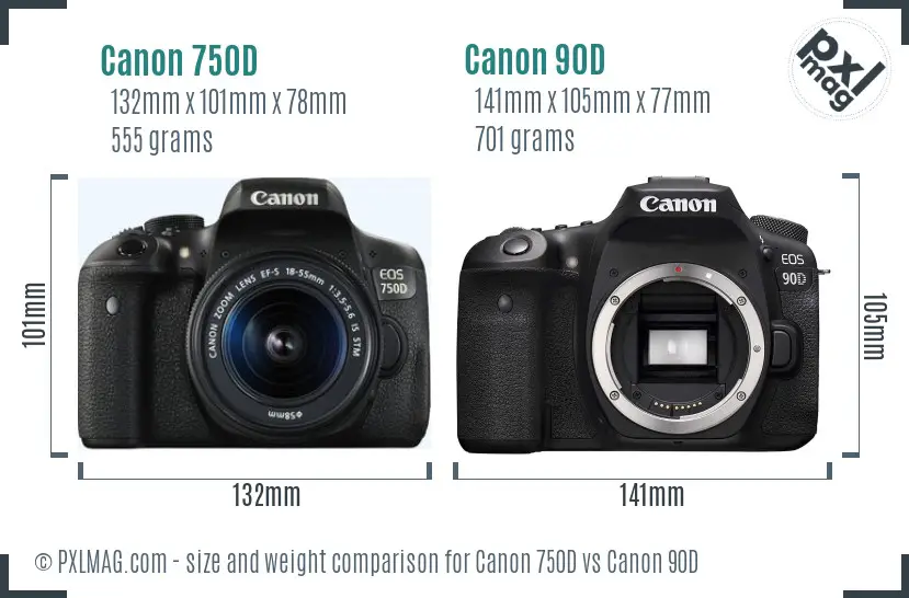 Canon 750D vs Canon 90D size comparison Canon 750D vs Canon 90D size comparison