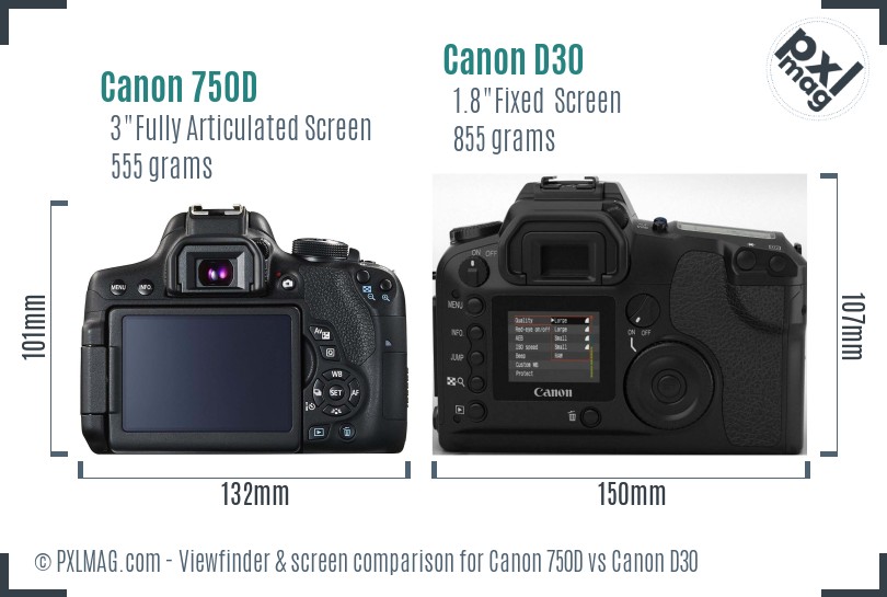 Canon 750D vs Canon D30 Screen and Viewfinder comparison