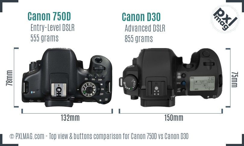 Canon 750D vs Canon D30 top view buttons comparison