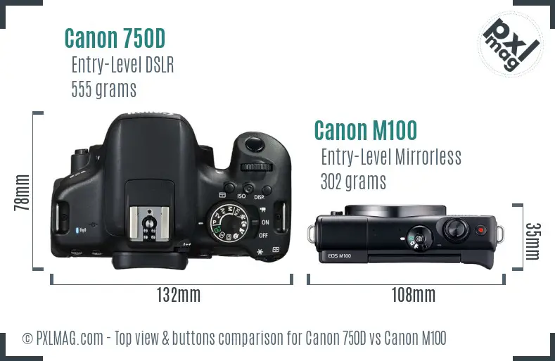 Canon 750D vs Canon M100 top view buttons comparison Canon 750D vs Canon M100 top view buttons comparison