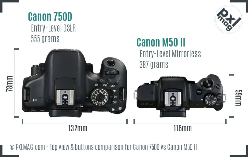 Canon 750D vs Canon M50 II top view buttons comparison Canon 750D vs Canon M50 II top view buttons comparison