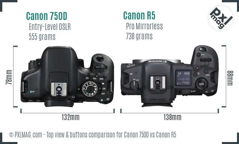 Canon 750D vs Canon R5 top view buttons comparison Canon 750D vs Canon R5 top view buttons comparison