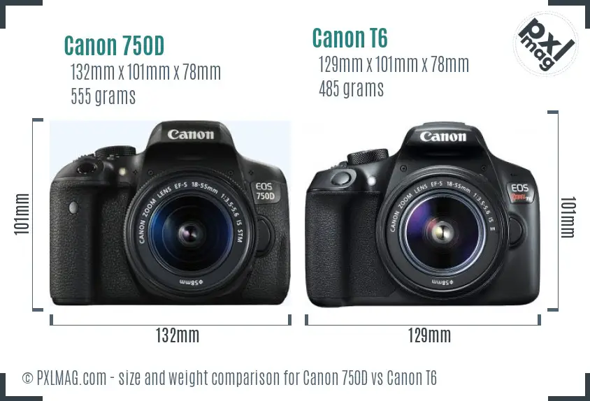 Canon 750D vs Canon T6 size comparison