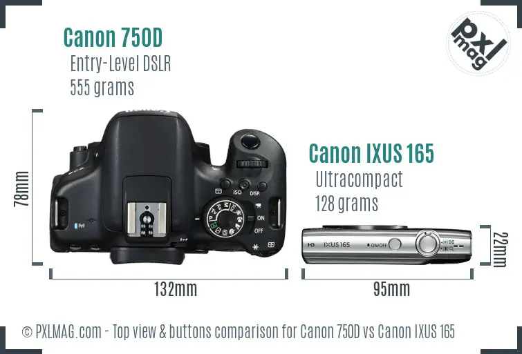 Canon 750D vs Canon IXUS 165 top view buttons comparison