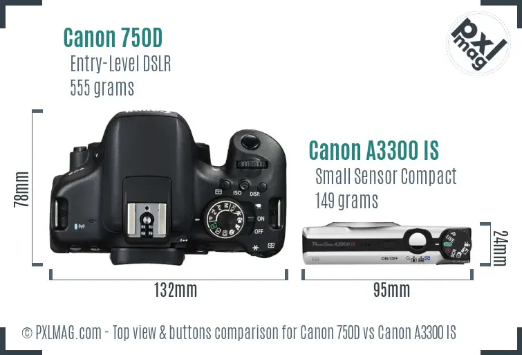 Canon 750D vs Canon A3300 IS top view buttons comparison