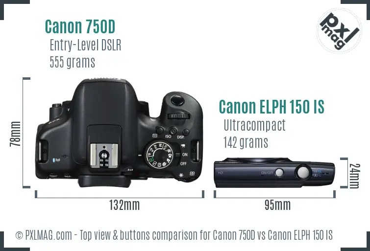 Canon 750D vs Canon ELPH 150 IS top view buttons comparison