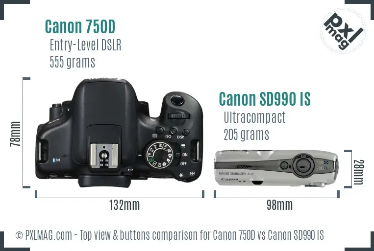 Canon 750D vs Canon SD990 IS top view buttons comparison Canon 750D vs Canon SD990 IS top view buttons comparison