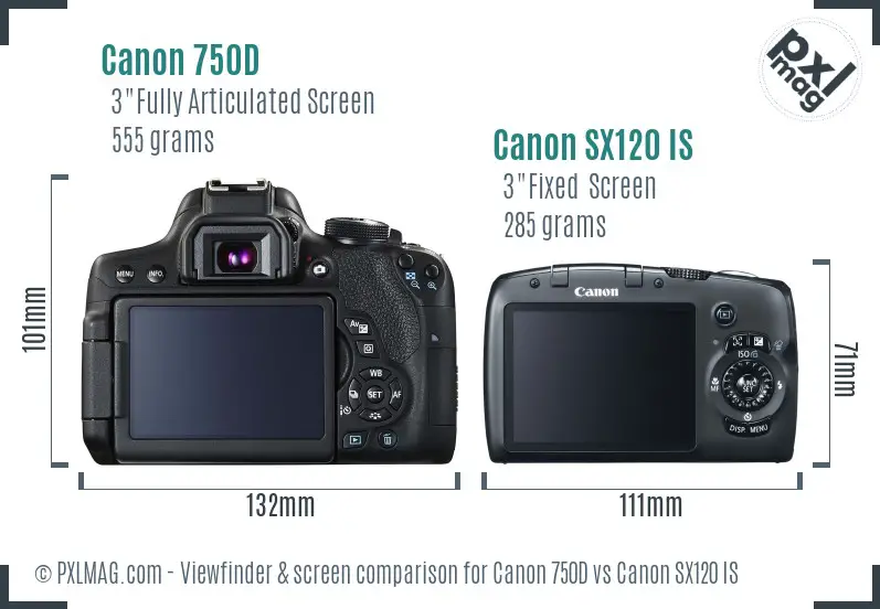 Canon 750D vs Canon SX120 IS Screen and Viewfinder comparison