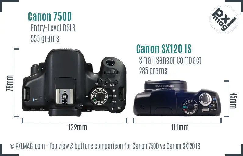 Canon 750D vs Canon SX120 IS top view buttons comparison