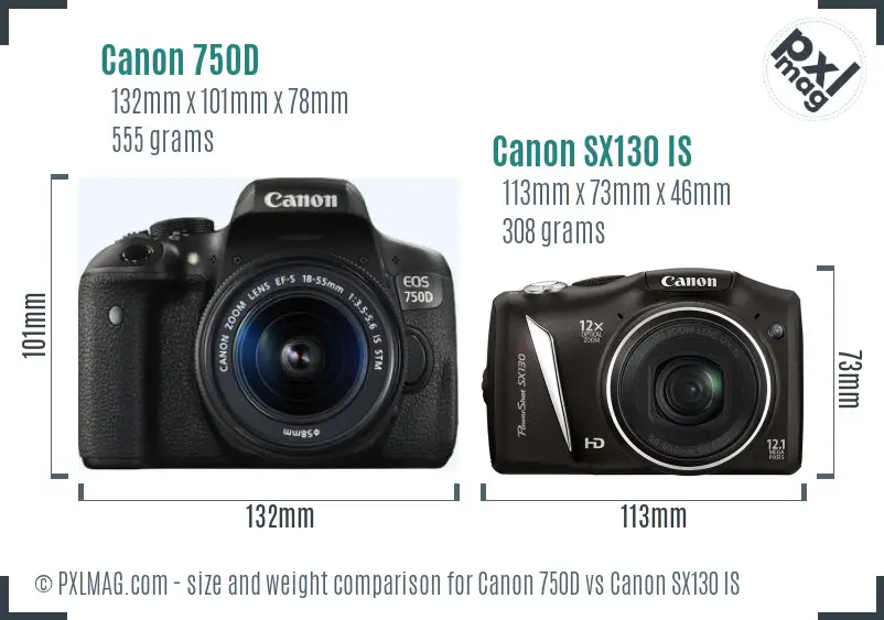 Canon 750D vs Canon SX130 IS size comparison