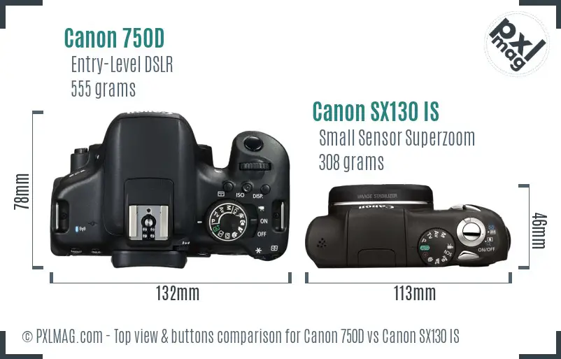 Canon 750D vs Canon SX130 IS top view buttons comparison
