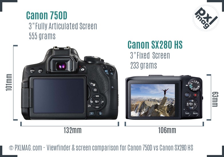 Canon 750D vs Canon SX280 HS Screen and Viewfinder comparison