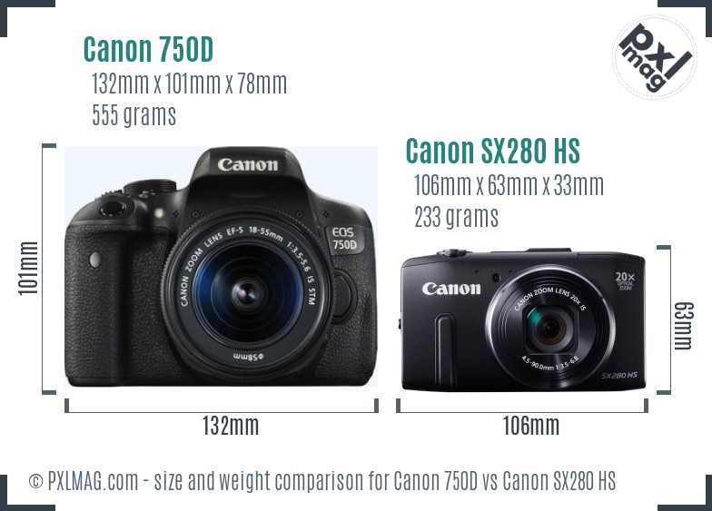 Canon 750D vs Canon SX280 HS size comparison