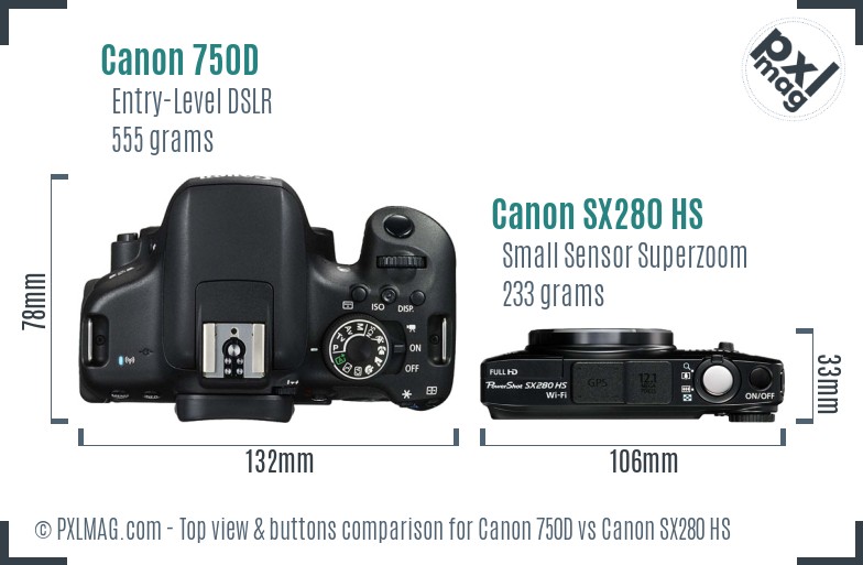 Canon 750D vs Canon SX280 HS top view buttons comparison