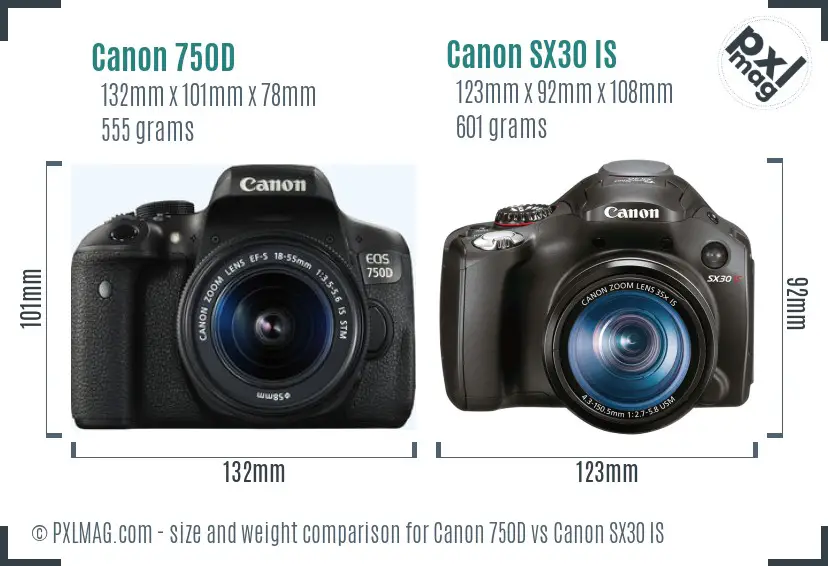 Canon 750D vs Canon SX30 IS size comparison