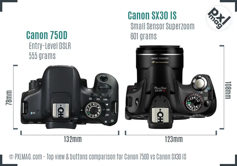 Canon 750D vs Canon SX30 IS top view buttons comparison