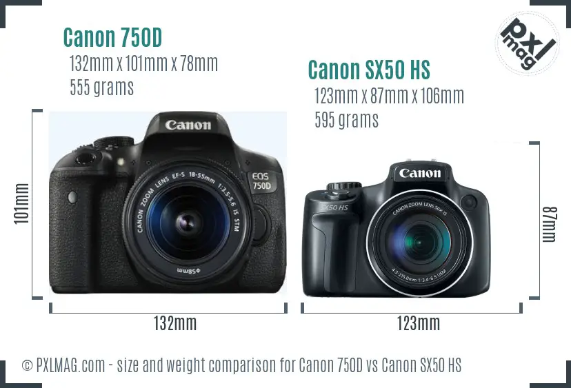 Canon 750D vs Canon SX50 HS size comparison Canon 750D vs Canon SX50 HS size comparison