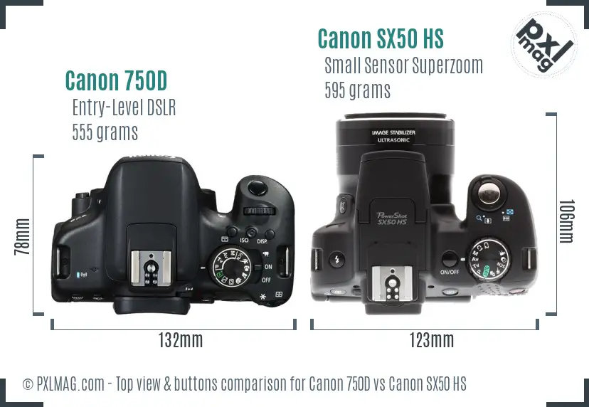 Canon 750D vs Canon SX50 HS top view buttons comparison Canon 750D vs Canon SX50 HS top view buttons comparison