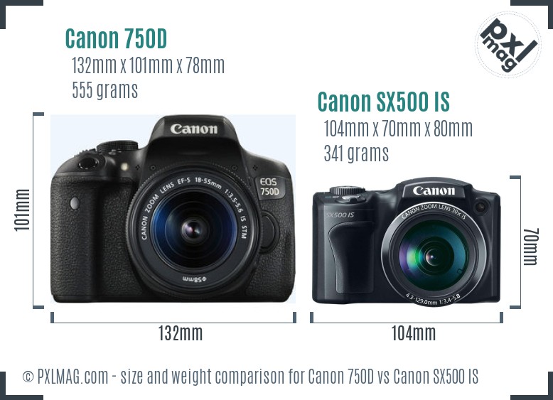 Canon 750D vs Canon SX500 IS size comparison