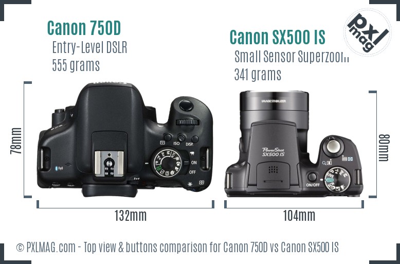 Canon 750D vs Canon SX500 IS top view buttons comparison