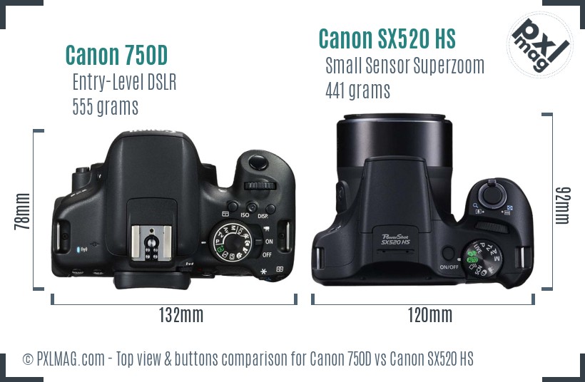Canon 750D vs Canon SX520 HS top view buttons comparison