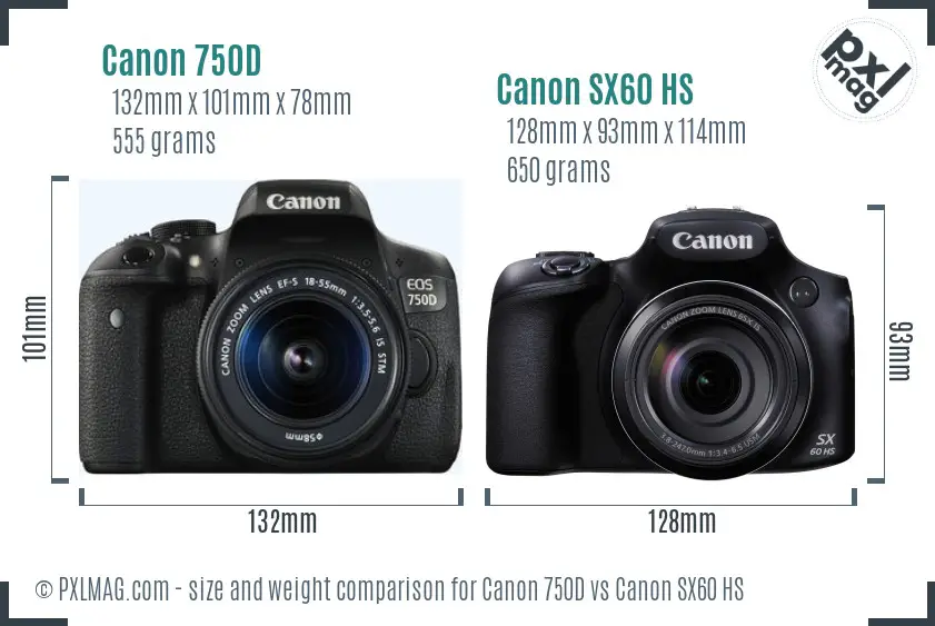 Canon 750D vs Canon SX60 HS size comparison Canon 750D vs Canon SX60 HS size comparison