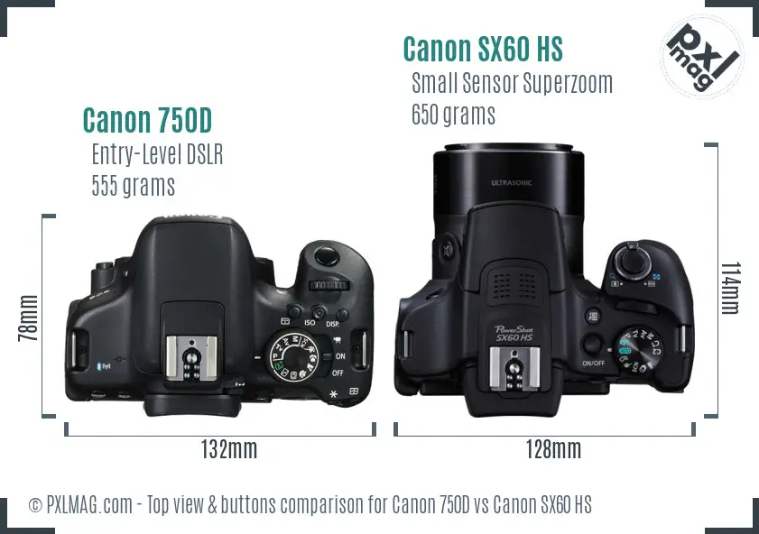 Canon 750D vs Canon SX60 HS top view buttons comparison Canon 750D vs Canon SX60 HS top view buttons comparison