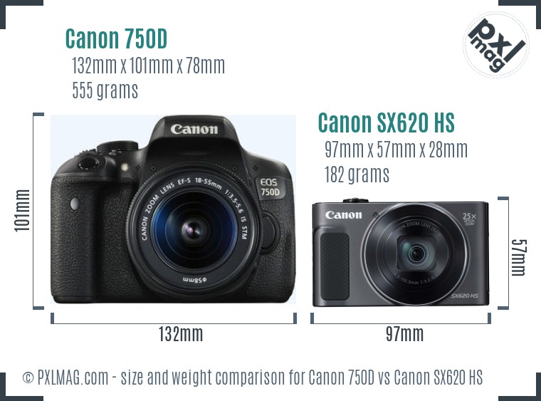 Canon 750D vs Canon SX620 HS size comparison