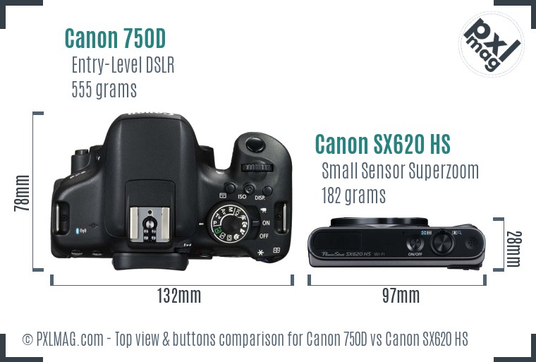 Canon 750D vs Canon SX620 HS top view buttons comparison