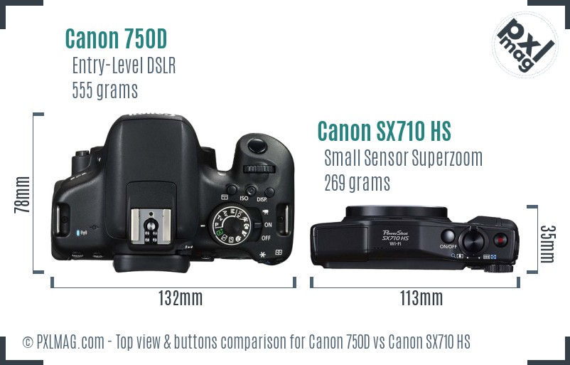 Canon 750D vs Canon SX710 HS top view buttons comparison