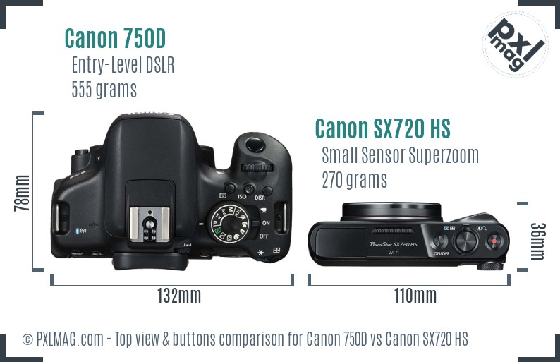Canon 750D vs Canon SX720 HS top view buttons comparison