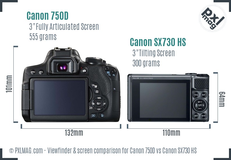 Canon 750D vs Canon SX730 HS Screen and Viewfinder comparison
