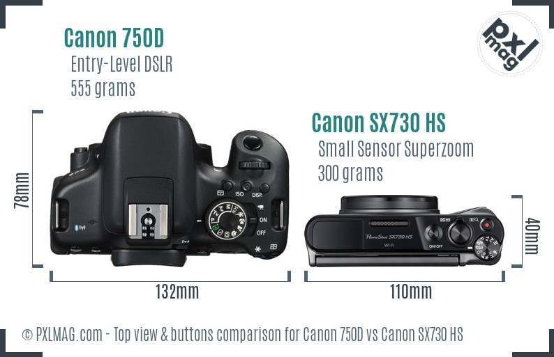 Canon 750D vs Canon SX730 HS top view buttons comparison