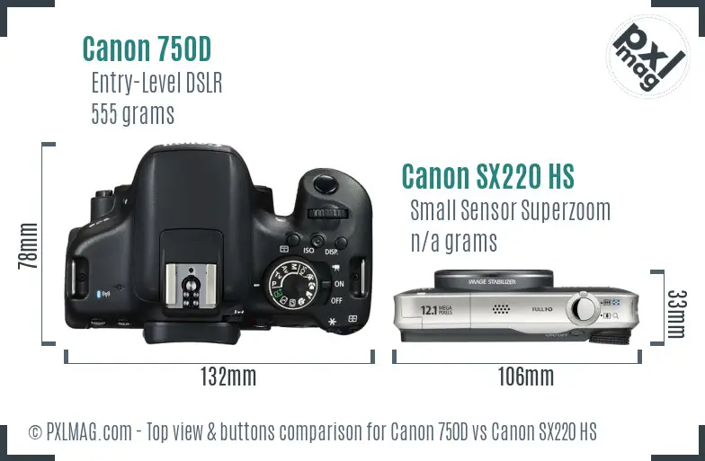 Canon 750D vs Canon SX220 HS top view buttons comparison