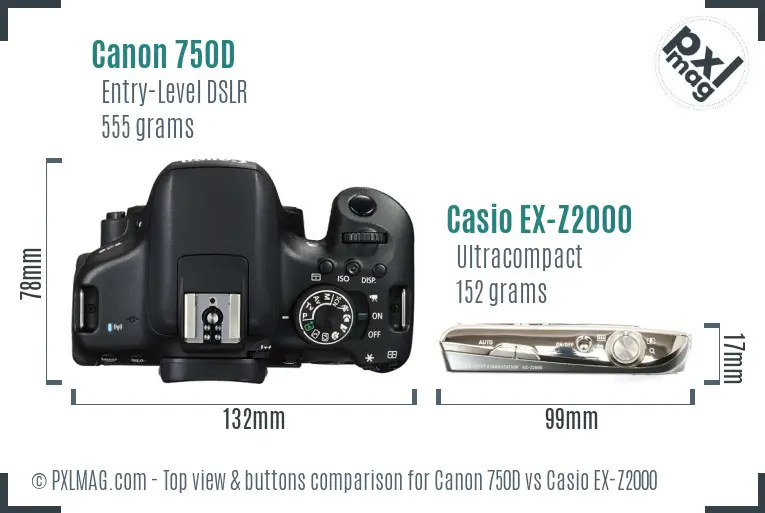 Canon 750D vs Casio EX-Z2000 top view buttons comparison Canon 750D vs Casio EX-Z2000 top view buttons comparison