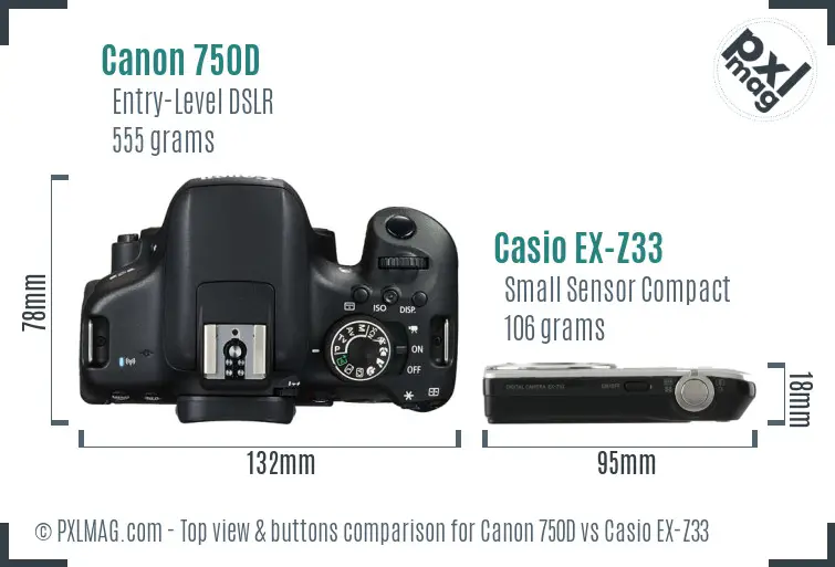 Canon 750D vs Casio EX-Z33 top view buttons comparison