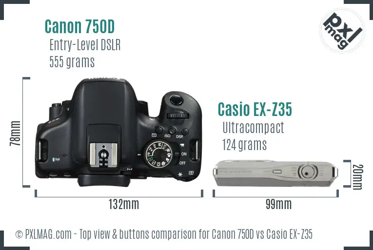 Canon 750D vs Casio EX-Z35 top view buttons comparison