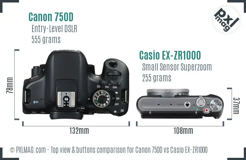 Canon 750D vs Casio EX-ZR1000 top view buttons comparison Canon 750D vs Casio EX-ZR1000 top view buttons comparison