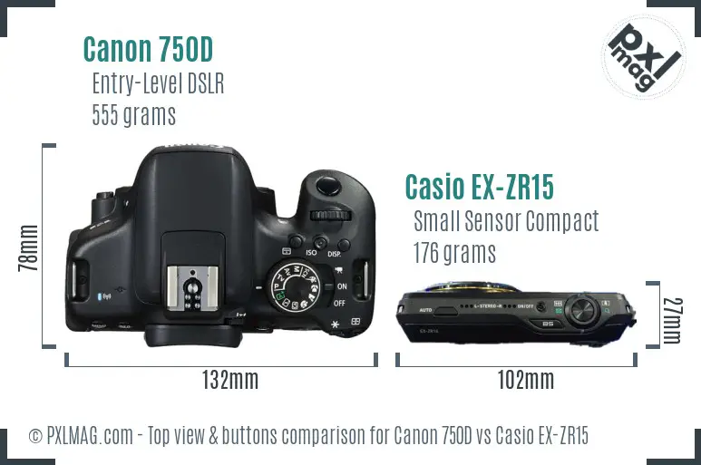 Canon 750D vs Casio EX-ZR15 top view buttons comparison Canon 750D vs Casio EX-ZR15 top view buttons comparison