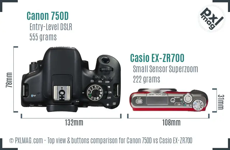 Canon 750D vs Casio EX-ZR700 top view buttons comparison Canon 750D vs Casio EX-ZR700 top view buttons comparison