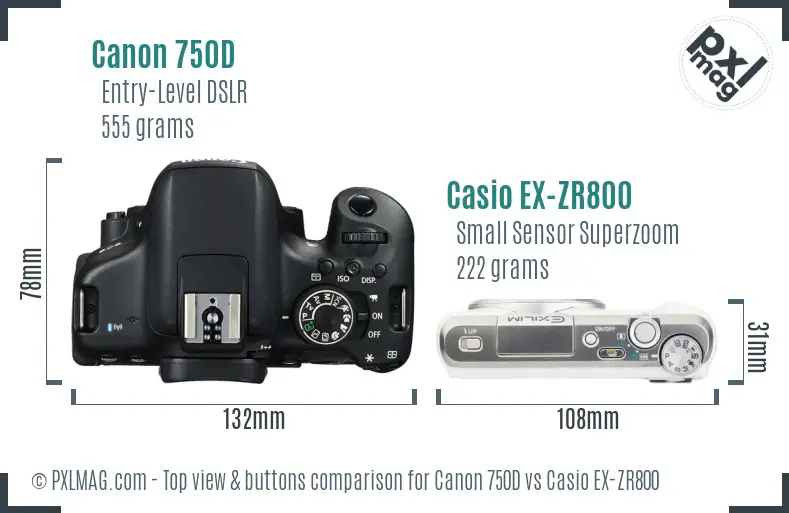Canon 750D vs Casio EX-ZR800 top view buttons comparison