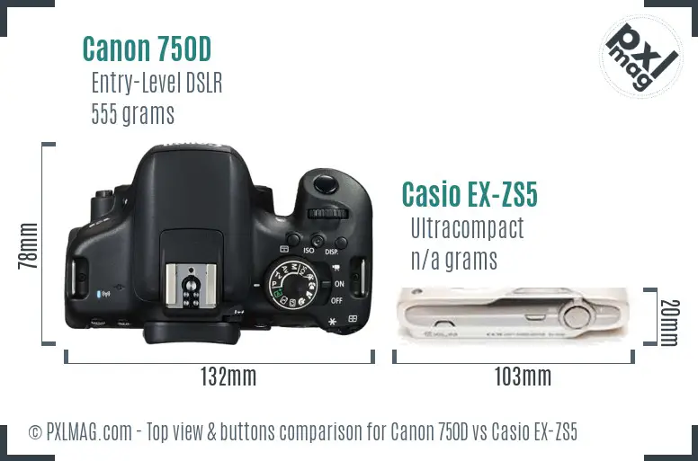 Canon 750D vs Casio EX-ZS5 top view buttons comparison Canon 750D vs Casio EX-ZS5 top view buttons comparison
