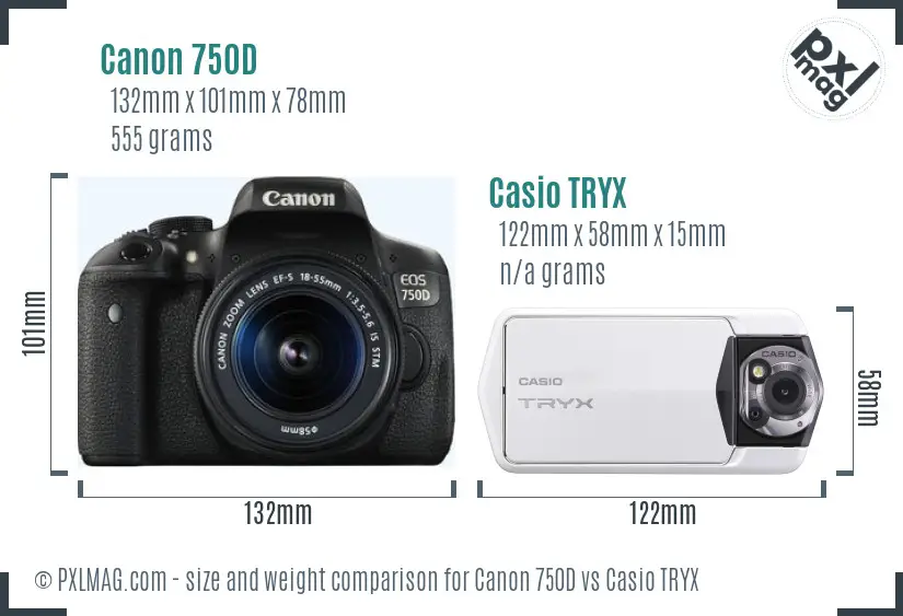 Canon 750D vs Casio TRYX size comparison