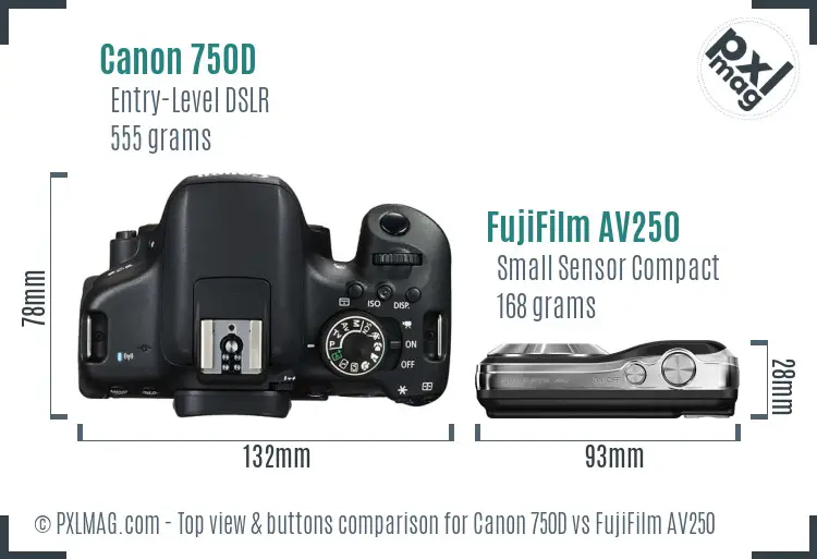 Canon 750D vs FujiFilm AV250 top view buttons comparison Canon 750D vs FujiFilm AV250 top view buttons comparison